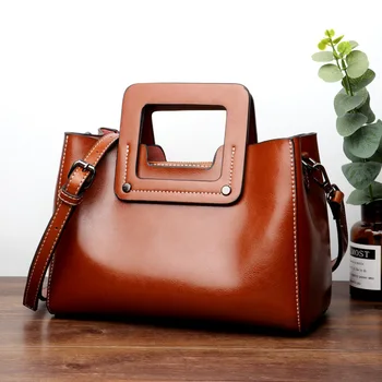 Есенна женствена чанта от естествена кожа с масло и восък, реколта однотонная чанта с голям капацитет, бизнес чанта за крайградски пътувания, чанта през рамо