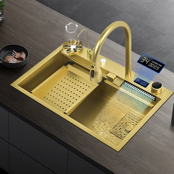 Кухненска мивка с водопад, златна мивка от неръждаема стомана, голяма единична купа, богат на функции мивка за декорация на кухня, кран с водопад