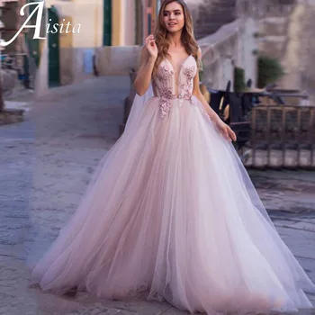 Романтична сватбена рокля с дълбоко V-образно деколте, без ръкави, в гънките, с 3D флорални апликации, сватбената рокля трапецовидна форма, лилава, с дълъг влак, Vestidos De Новия