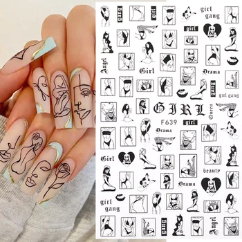 1БР Секси женски 3D стикери за нокти под формата на лицето характер, листа, цветни етикети, слайдер, черно, бяло, декорация за нокти с ръцете си