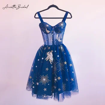 Arietta Constellation Blue, тюлевые мини рокли за абитуриентски бал, трапециевидные рокли за срещи на възпитаници на спагети презрамки над коляното, къси вечерни рокли