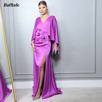 Bafftafe, пурпурни копринени сатен рокля за бала, ръкави-шапки с 3D цветя, вечерни рокли с русалочкой, женски специална празнична рокля с цепка