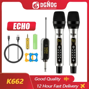 DGNOG 2-Канален Безжичен Микрофон ECHO K662 Dual UHF Караоке Метална Динамичен Микрофон Система 60m за Сватбената Реч DJ Party Church