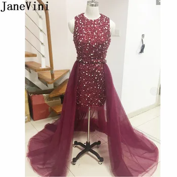 JaneVini 2019 Високи ниски рокли за бала на завършилите с подвижна влак, вино-червени блестящи пайетки, кристални къси вечерни рокли за юноши и девойки