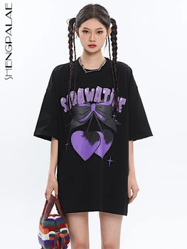 SHENGPALAE, Модни брандираната Свободна тениска с кръгло деколте и къс ръкав с бродерия и букви, Корея, дамски Дрехи Y2k 2023, Пролетни блузи 5R1304