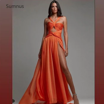 Sumnus Оранжеви секси рокли за бала от органза 2022 с висока цепка отстрани, дължина до пода, в сгъвката, без ръкави, дълги вечерни рокли, вечерни халати