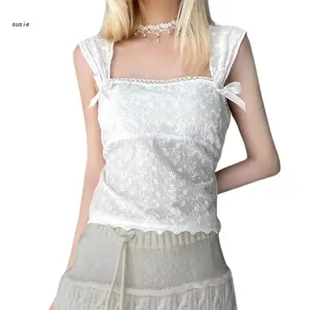 X7YA Ежедневни дамски блузи с къс ръкав, жилетка, свободни летни плочи с квадратна яка