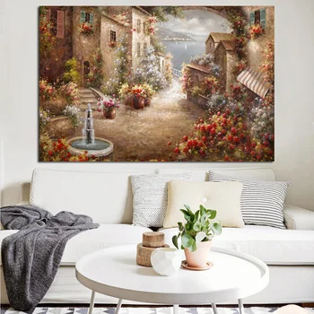 Абстрактна печат, ретро-градина, средиземноморски пейзаж, картина с маслени бои върху платно, модерен диван, плакат, художествена стенни картина за хола