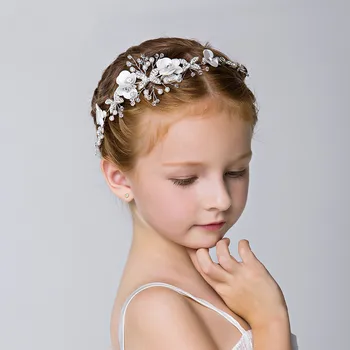 Блестящи бели бижута с кристали за момичета в цветчета, перли, Аксесоари за коса, цвете корона на глава, превръзка на главата за рожден ден, сватба, първо причастие