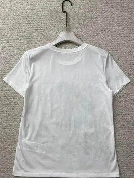 Бяла дамска тениска, лято 2023, памук къс ръкав, бродерия на мъниста, дамски ежедневни тениска с кръгло деколте, празничен стил