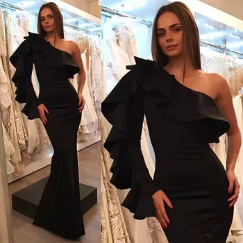 Вечерни рокли на Русалка с едно рамо с дълъг ръкав 2021, черни къдри по цялата дължина, секси вечерна рокля за подиум