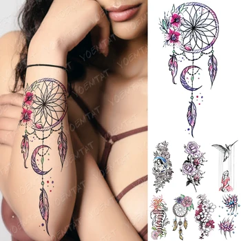 Водоустойчив временна татуировка, цветя, Ловец на сънища, флаш-татуировки, цветя, птици, роза, боди арт, ръка, фалшив ръкав, татуировка дизайни за жени
