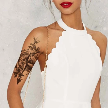 Временна татуировка Стикер Черно компас на Английски език Стрелка Цвете фалшиви татуировки Водоустойчив татуировка на ръката си Голям размер за жени, мъже