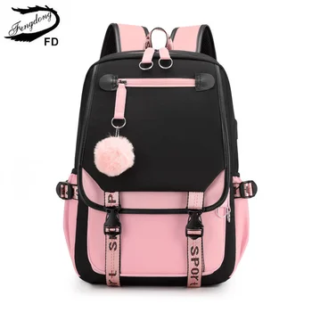 Големи училищни чанти Fengdong за момичета, USB-порт, платно училище раница, чанта за студентски книги, черно розово училище раница за тийнейджъри