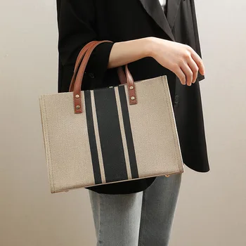 Голяма холщовая чанта за жени 2023, нови луксозни чанти, реколта раирана чанта-тоут, женски преносим бизнес портфейл в корейски стил