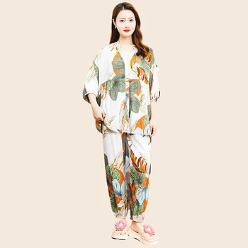 Дамски домашни дрехи, пижамный комплект, дълги панталони и дълъг ръкав, ежедневни пижама с флорални принтом, големи размери, комфортен памучен пижами