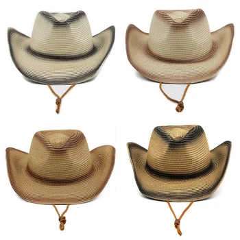 Дамски мъжки ретро-джаз шапка с широка периферия, модна шапка за басейна, реколта ковбойская шапка в западен стил, универсална лятна плажна сламена шапка 