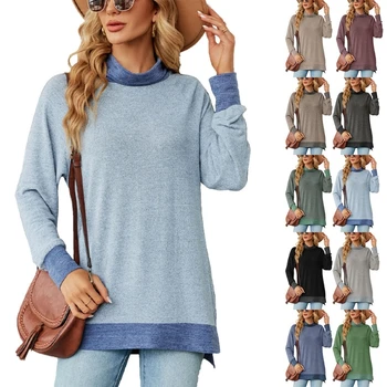 Дамски ризи с имитация на шията, памучни блузи с дълъг ръкав, ризи, тениски, ежедневни свободна блуза