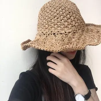 Дамски сгъваема солнцезащитная шапка, ръчно изработени от слама с широка периферия, плажна шапка от слънцето