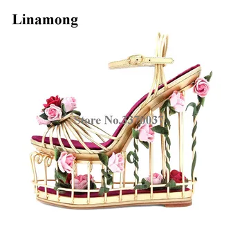 Дамски уникални сандали на танкетке с метална клетка, сандали на висока платформа, украсени с цветя, каишка за щиколотке, сандали на висок танкетке