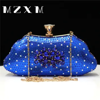 Дамски чанта за вечерна рокля, метална тока с водно диамантен пръстен, синьо, лилаво клатч, веригата на рамо, модерен женски портфейл