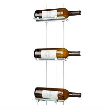 Декор за стенен монтаж окачен държач за бутилки вино с плаващ кабел вино стелажи с прозрачни стъклени щанд