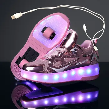 Детски светещи маратонки на две колела, черни, розови, червени, led подсветка, обувки за ролери, детски обувки с led подсветка за момчета и момичета, зареждане чрез USB