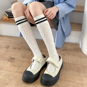 Дълги чорапи в стил колеж, чорапи, дамски японската мода, чорапогащи за високо, чорапи, ежедневни райета, черно-бели чорапи