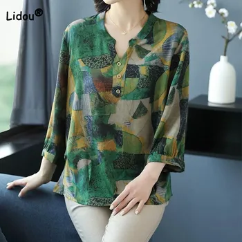 Ежедневни реколта дамски блузи с ръкави 3/4 и принтом, лятна свободна универсална тениска с кръгло деколте, модни дамски дрехи