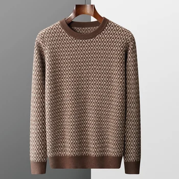 Есента и зимата 2022, нов мъжки дебел пуловер с кръгло деколте, вязаный пуловер от 100% вълна
