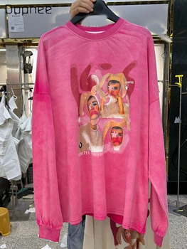 Женска тениска с дълги ръкави от промит памук в Ретро стил, Пролет-Есен 2023, Пуловер със средна дължина, с Анимационни принтом и кръгло деколте, Топ