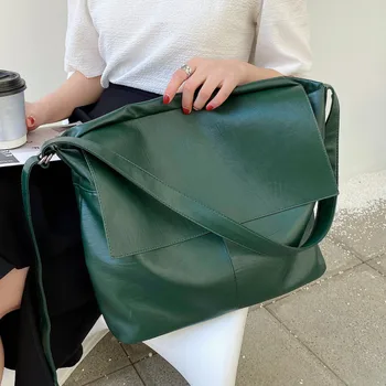 Зелени голяма чанта през рамо, за жени, по-голямата голям чанта-месинджър, мека кожена чанта през рамо, дамски ежедневни универсални чанти