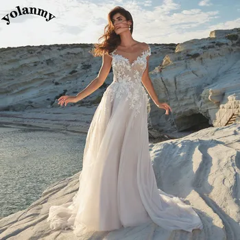 Изискани сватбени рокли YOLANMY, модерни сватбени рокли трапецовидна форма с обемни апликации, сватбена рокля в сгъвката, сшитое специално за жени