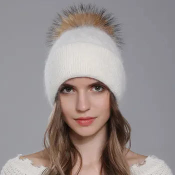 Капачка дамски зимни вязаная шапчица от ангорски с помпоном от естествена кожа, есен от топъл ски аксесоар за луксозна почивка на открито
