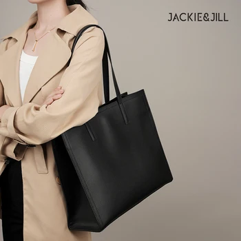Кожена чанта-тоут голям капацитет Джаки & Jill, куфарче, чанта за компютър, черна кожена чанта за пътуване