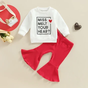 Комплект дрехи за Свети Валентин за малки момичета от 2 теми; hoody с дълги ръкави и писмото принтом във формата на сърце + разкроена панталони с еластичен ластик на талията
