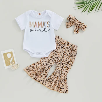 Комплекти за новородено, дрехи за бебета, летен гащеризон с къс ръкав и надпис за момичета + панталони с леопардовым принтом + превръзка на главата, 3 бр.