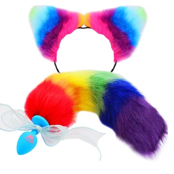 Комплекти за секс-играчки Рейнбоу цвят, анален накрайник от лисьего опашката и превръзка на главата с кошачьими уши за мъже и жени, инструменти за флирт, Cosplay аниме момиче