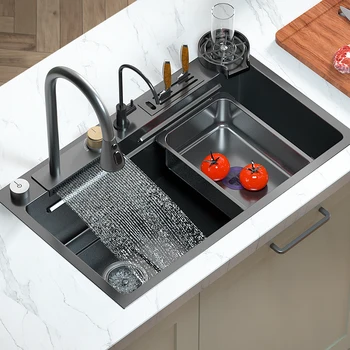 Кухненска мивка мивка с водопад, за кухня, мивка от неръждаема стомана, однощелевая черна мултифункционална мивка, голяма мивка, умна мивка