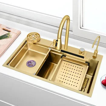 Кухненска мивка с водопад от неръждаема стомана, Злато 304, мивка, Голяма мивка с един отвор за източване на съдове, смесител за кухня, гурме