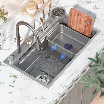 Кухненска мивка с водопадным кран от неръждаема стомана, голяма однощелевой пистолет, сив ляв водосточни мивка с чекмедже за ножове над тезгяха