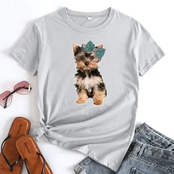 Лятна мода женска тениска с това сладко кученце, ежедневни свободна женска риза голям размер, памучен риза с кръгло деколте и къс ръкав
