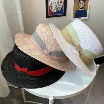 Лятна шапка с широка периферия за жени, сламена шапка с цветен блок, сламена шапка Унисекс, плажна шапка, защита от слънцето, джаз шапка, шапка дерби