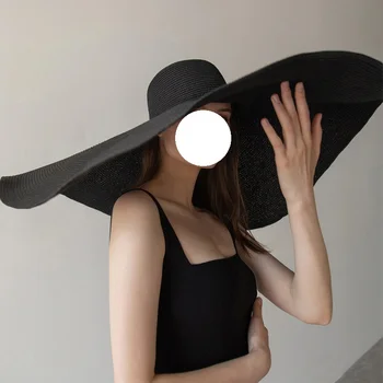 Лятната сламена шапка 25 см с голяма периферия, дамски модни негабаритная плажна шапка от слънцето, сгъваема преносима шапка с защита от uv