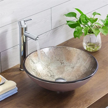 Мивка за баня, облицована с мрамор маса, смесител за мивка, изработени от закалено стъкло, комплект с мед водопадным кран
