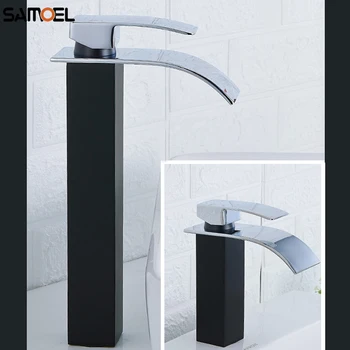 Модерен месинг матово черно с хромирано водопад смесител за мивка в банята на палубата, квадратен смесител за мивка, кран B3364