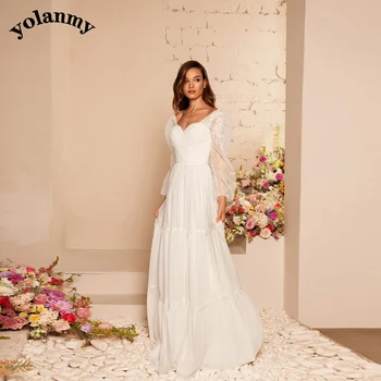 Модерни сватбени рокли Emy от YOLANMY с пищни ръкави и V-образно деколте, плисе за сватбени тържества, апликации, празнична рокля по поръчка