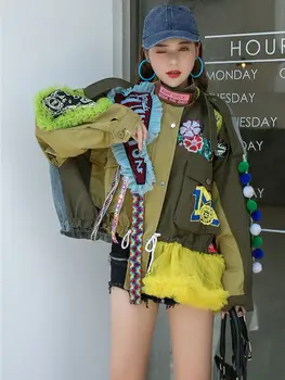 Модерно късо палто с висока яка за пролет и есен, женски свободно дантелено мозайка шиене, универсален однобортный топ с дълъг ръкав