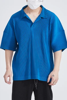 Мъжка тениска в сгъвката на Miyake, блузи, свободна ежедневни синя риза с къси ръкави, мъжки дрехи с къс ръкав