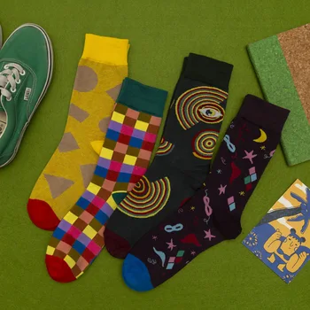 Мъжки модни градинска облекло Happy Socks памук в цвят клетка със звездите и лунната карта Есенни чорапи за мъже с мрежа Подаръци за мъже 202